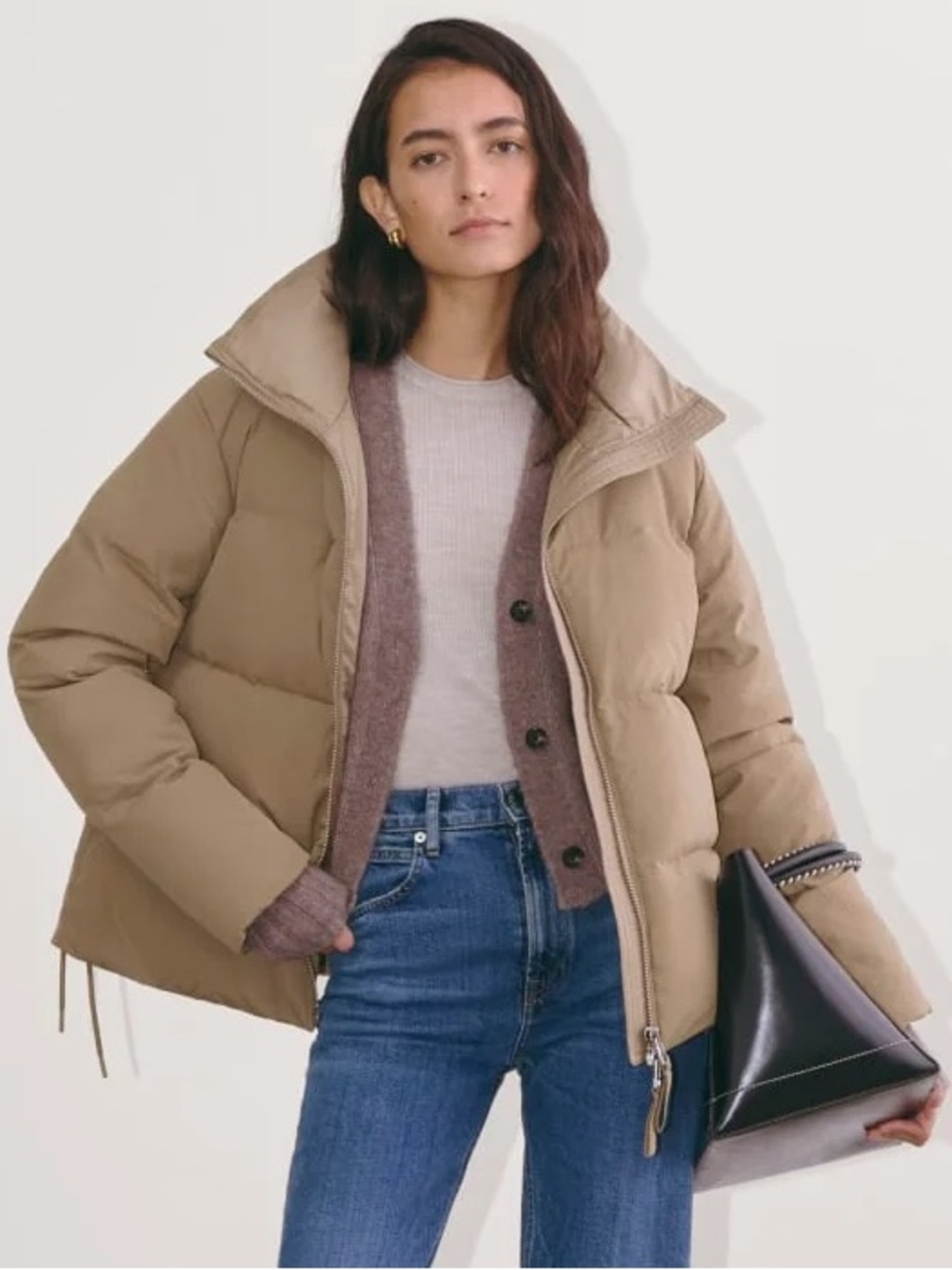 Everlane The Puffer Bomber Taupe Grey Tan Recycled Down Jacket Medium NWT